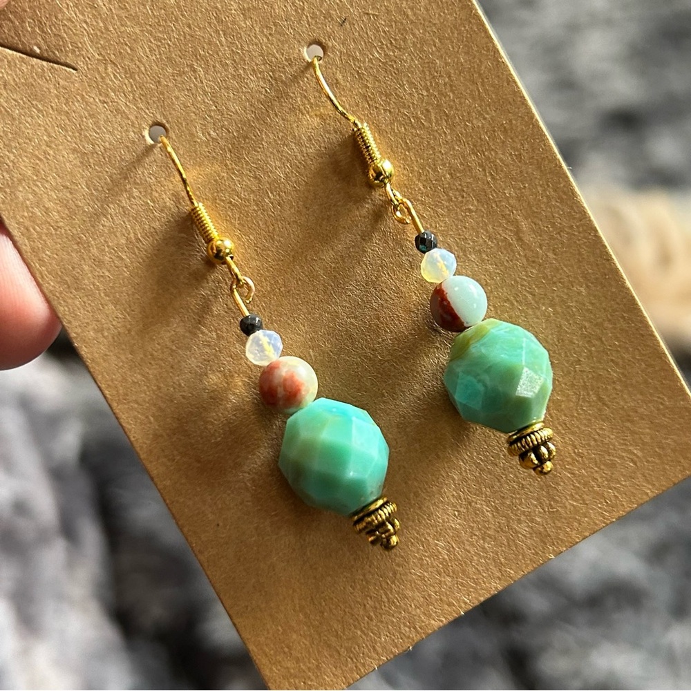 Handcrafted elegant genuine stone opalite faceted hematite earrings